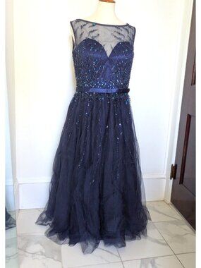 Glow Dress Sequined Beaded Tulle Gown Navy Blue Size 14 Built In Bra 36C